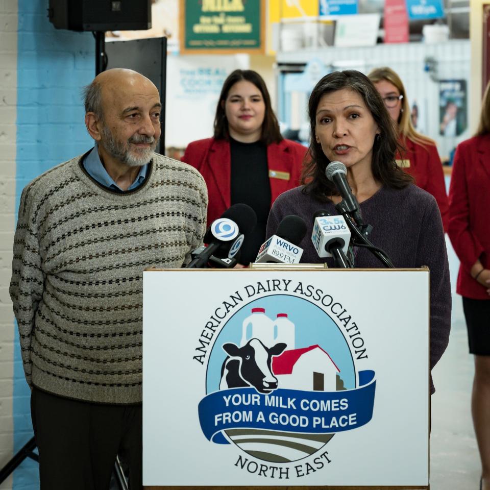 Sculptors Jim Victor and Marie Pelton of Conshohocken, Pennsylvania, speak before the unveiling of their American Dairy Association North East Butter Sculpture at the New York State Fairgrounds in Syracuse, NY on Tuesday, August 22, 2023.