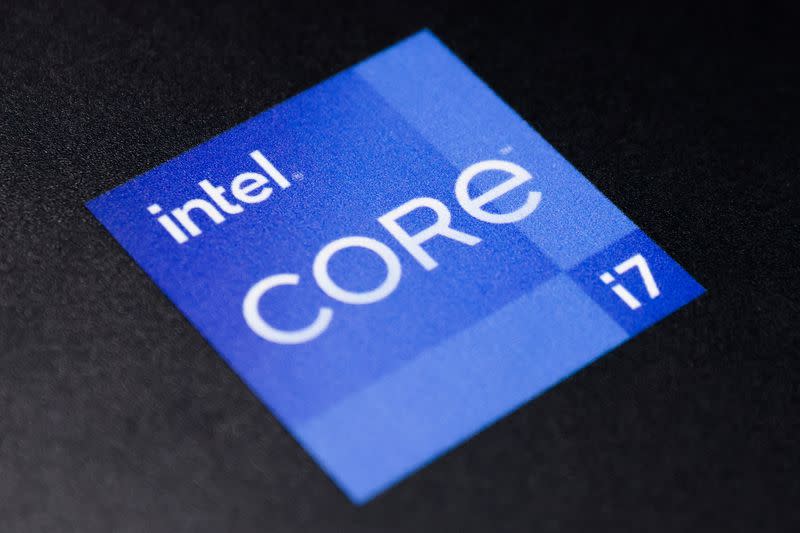 The Intel Corporation logo is seen on a display in a store in Manhattan, New York City