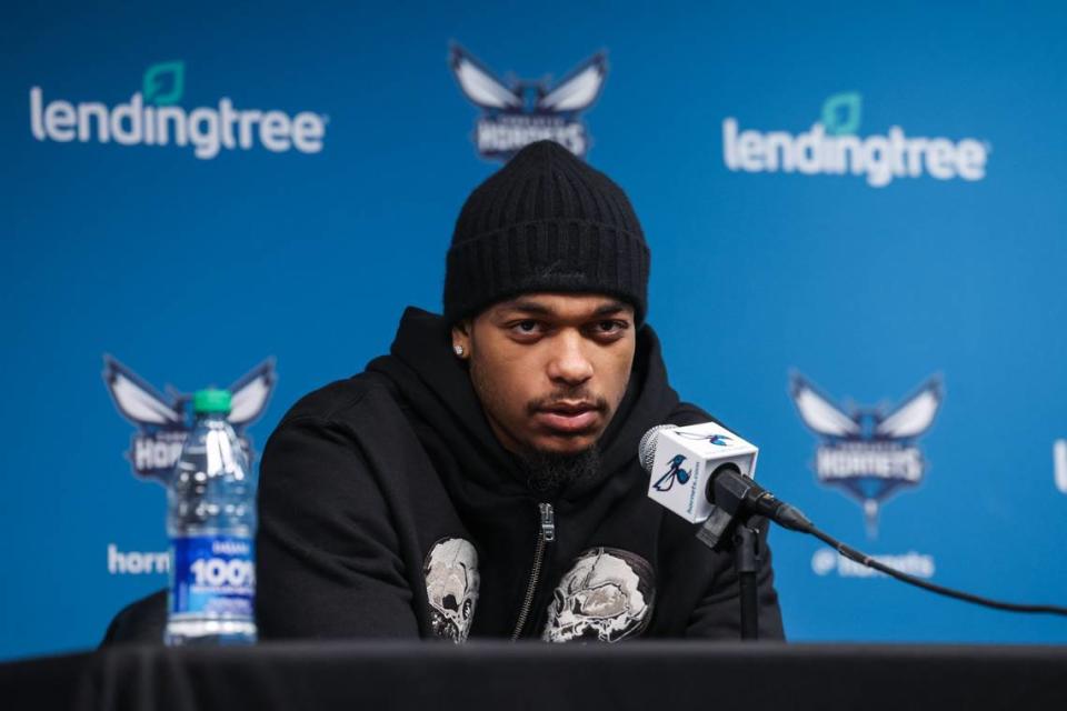 Hornets forward P.J. Washington, Jr. during interviews wrapping up the end of the Hornets’ season at Spectrum Center on Monday, April 10, 2023.