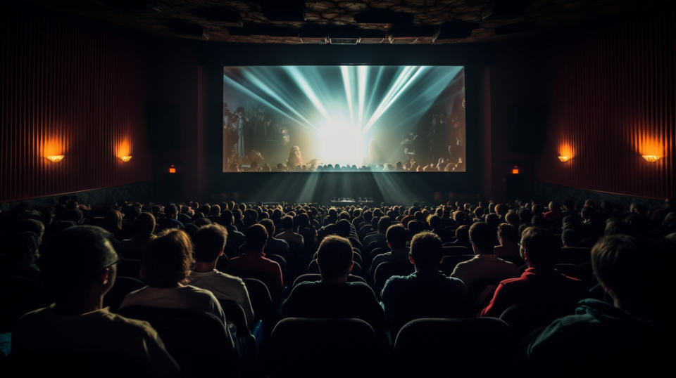 A packed theater of moviegoers watching a blockbuster film produced by the entertainment company.