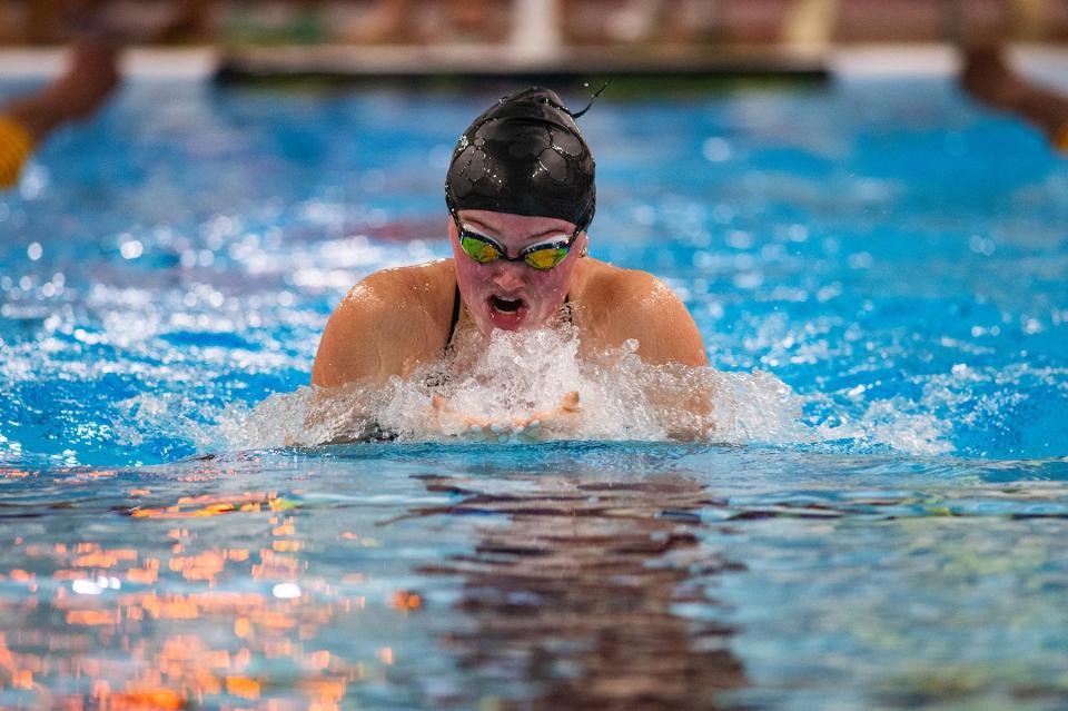 Lourdes' Rosemarie Horgan competes in the 100 meter breaststroke during the Kingston and Our Lady of Lourdes girls swim meet at Kingston High School in Kingston, NY on Tuesday, October 10, 2023. KELLY MARSH/FOR THE POUGHKEEPSIE JOURNAL