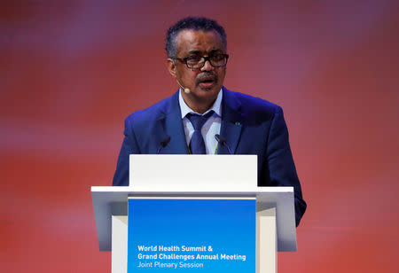 Tedros Adhanom, Director-General of World Health Organization (WHO), speaks at the 10th World Health Summit 2018 event in Berlin, Germany, October 16, 2018. REUTERS/Fabrizio Bensch/Files