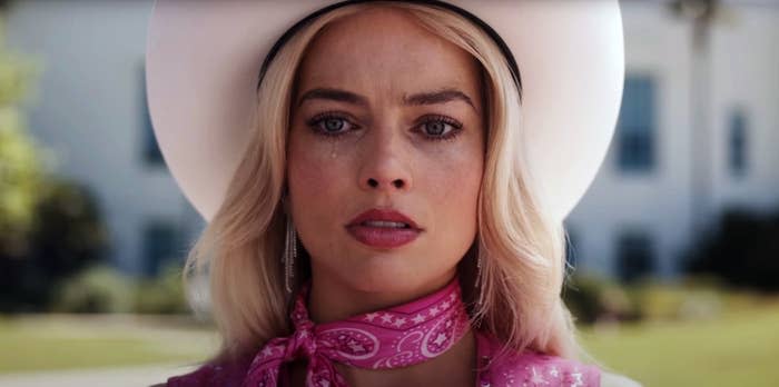 Closeup of Margot Robbie in "Barbie"