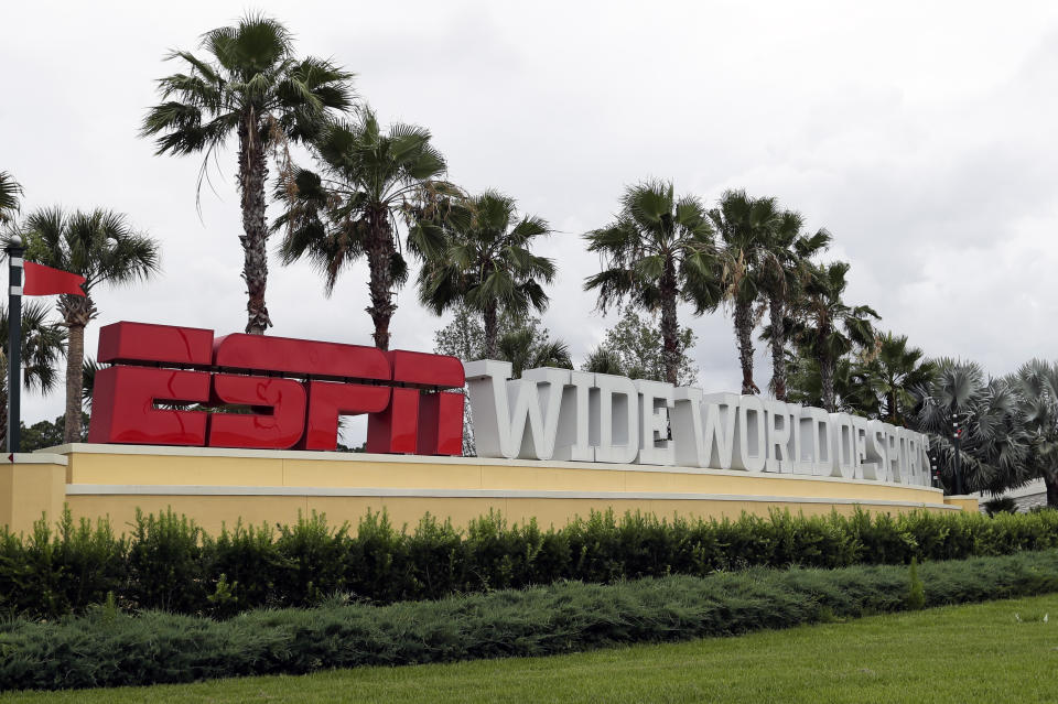 La entrada del complejo de Wide World of Sports de ESPN en Walt Disney World, el miércoles 3 de junio de 2020, en Kissimmee, Florida. (AP Foto/John Raoux)