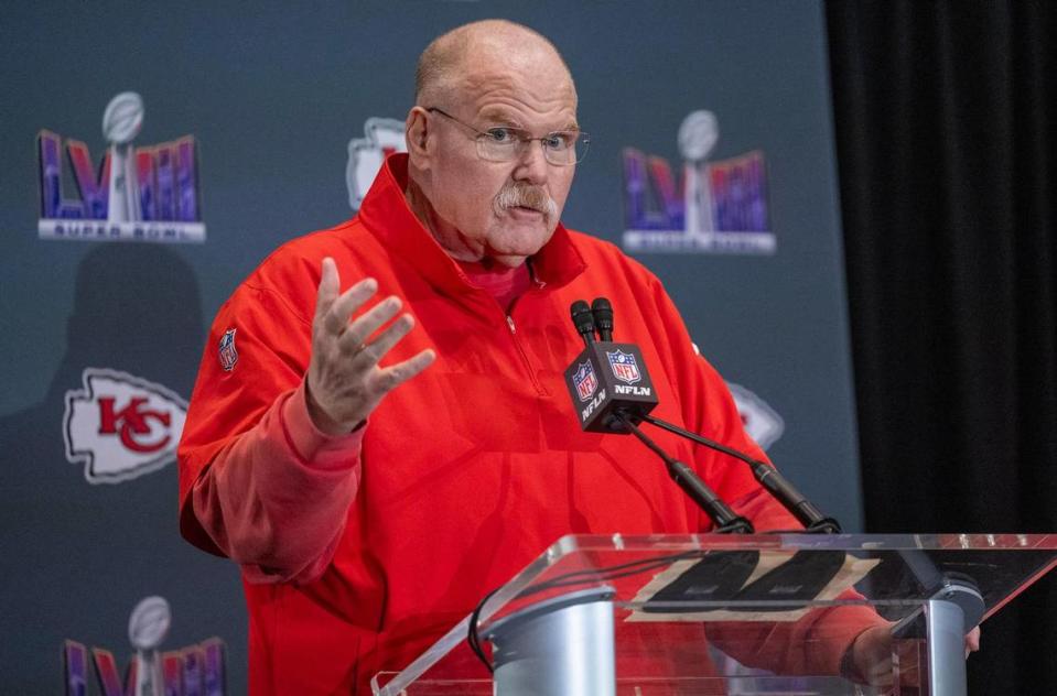 Kansas City Chiefs Head Coach Andy Reid answers questions during the media availability at the team hotel in Henderson, Nev., on Thursday, Feb. 8, 2024. Tammy Ljungblad/tljungblad@kcstar.com