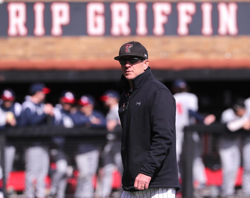 Texas Tech's head baseball coach Tim Tadlock walks to the dugout during the game against Gonzaga, Friday, Feb. 17, 2023, at Dan Law Field in Rip Griffin Park. 
