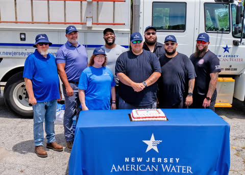 Photo Caption: New Jersey American Water’s new Salem Operations Team celebrates the closing of the acquisition. Left to right, back row: Senior Superintendent Mike Gonserkevis, who joined the company from another municipal utility, Senior Supervisor of Operations Jared Bacon, Sewer Operator Mechanic Harron Jefferies and Ivan Porter. Left to right, front row: Operations Specialist Pam Rushing, who transferred from the company’s Southwest Production, Sewer Operator Mechanic William “Curt” Hunter II, Mechanic Juan Stevenson, and Sewer Operator Mechanic Cameron Cagle. Mr. Bacon and the five mechanics join the company from Salem City’s former water and wastewater utility as part of the acquisition. (Photo: Business Wire)