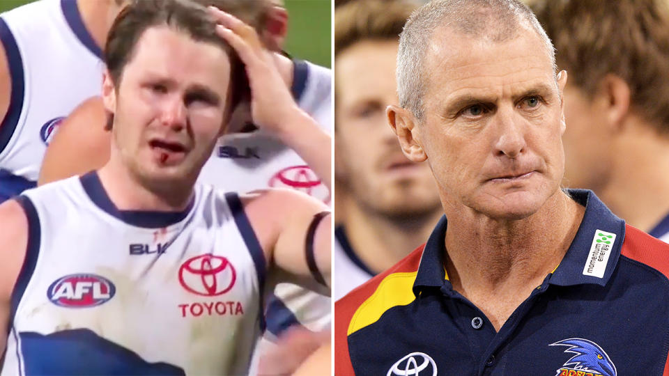 Patrick Dangerfield, pictured here breaking down on field after Phil Walsh was killed.