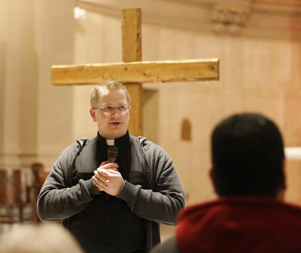 The Rev. Christopher Zerucha, pastor of St. Bernard Catholic Church, addresses Akron parishioners in 2019.