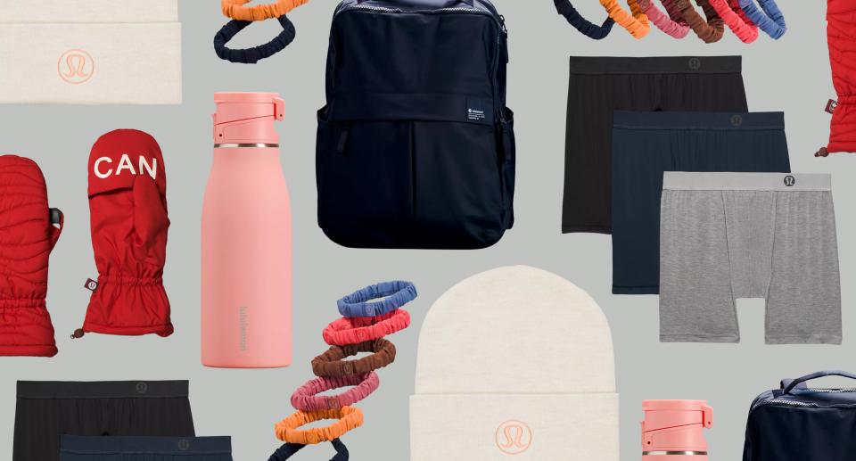 lululemon collage with pink lululemon water bottle, lululemon boxers, lululemon pink water bottle, lululemon blue backpack, lululemon red canada gloves