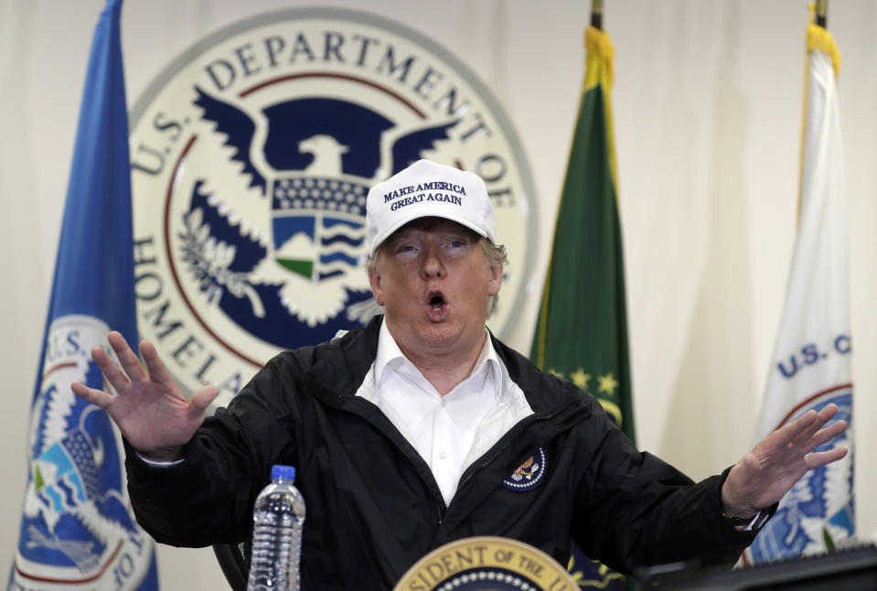 FILE - In this Jan. 10, 2019, file photo, President Donald Trump speaks at a roundtable on immigration and border security at U.S. Border Patrol McAllen Station, during a visit to the southern border in McAllen, Texas. Refugee advocates, including faith-based groups that Trump is courting in his re-election bid, called on Congress Thursday, Oct. 1, 2020, to halt his administration’s plans to slash the limit on refugees allowed into the U.S. to a record low, saying it goes against America’s values. (AP Photo/Evan Vucci, File)