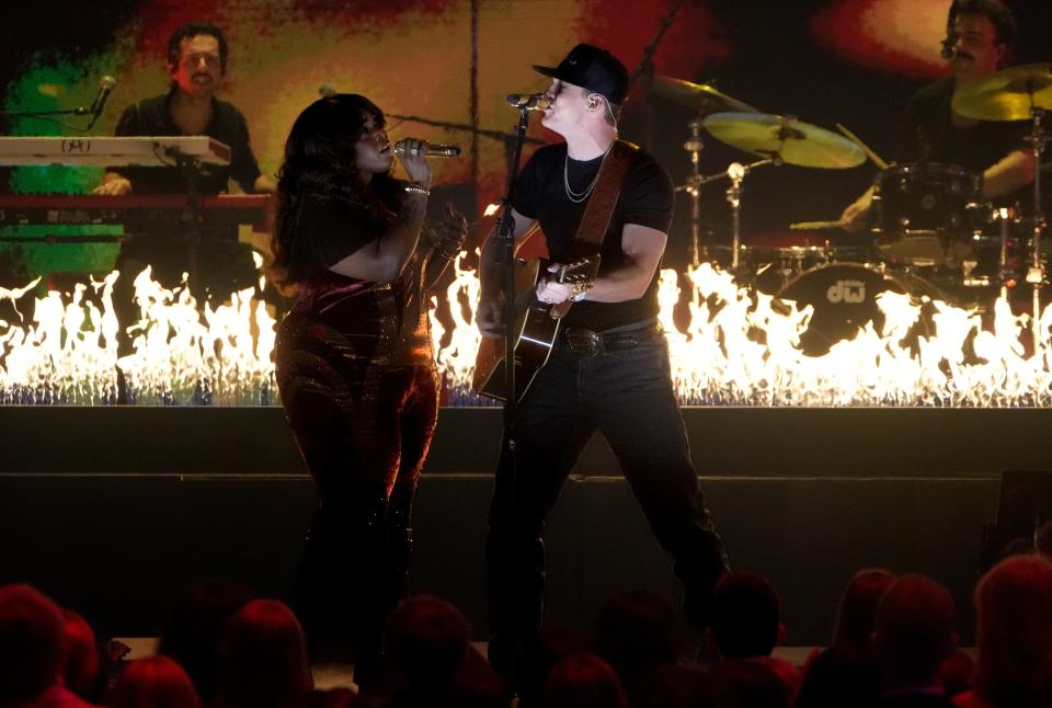 Brittney Spencer and Parker McCollum perform at the 2024 CMT Music Awards at the Moody Center in Austin, Tex., Sunday night, April 7, 2024.