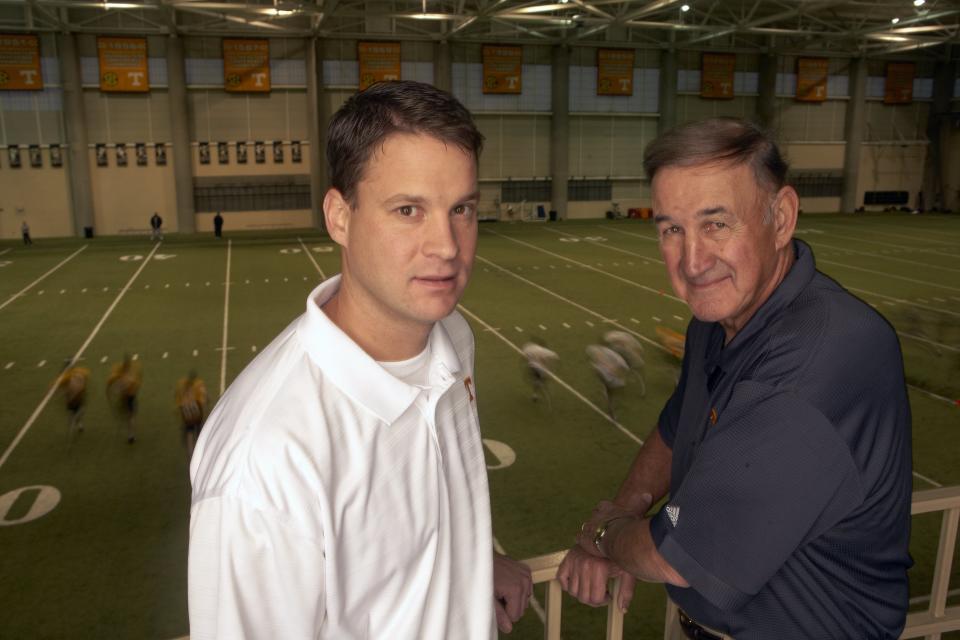 College Football: Closeup portrait of Tennessee football coach Lane Kiffin and defensive coordinator Monte Kiffin during photo shoot at Neyland-Thompson Sports Center practice facility on UT campus. Father and son. Knoxville, TN 2/5/2009 CREDIT: Darren Carroll (Photo by Darren Carroll /Sports Illustrated via Getty Images) (Set Number: X81807 TK1 R1 F91 )