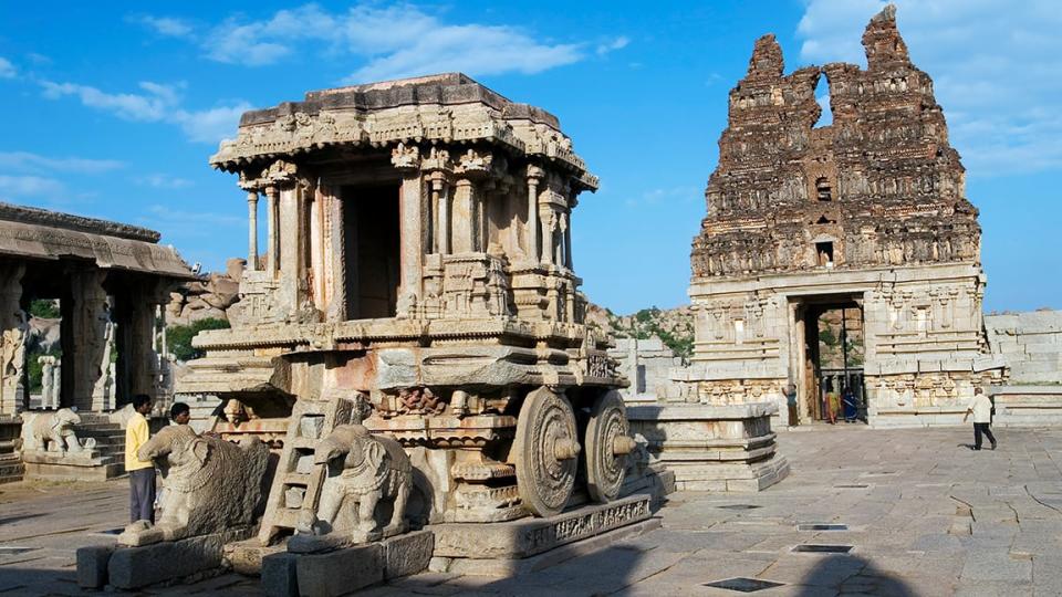 <div class="inline-image__caption"><p>The Stone chariot in Vitthala Temple, built in the 15th century A.D. during the reign of King Krishna Deva Raya, Hampi, Kartanaka, India.</p></div> <div class="inline-image__credit">V. Muthuraman/IndiaPictures/Universal Images Group via Getty</div>