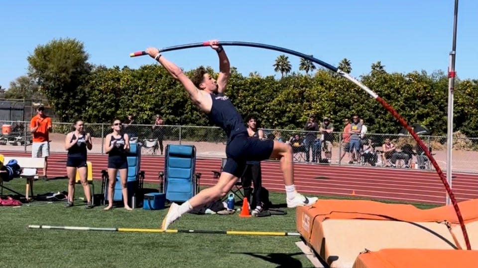 American Leadership Academy Queen Creek senior Taylor Searle competes in the pole vault at the Aztec Invitational at Corona del Sol High School in Tempe, Ariz. on March 2, 2024.