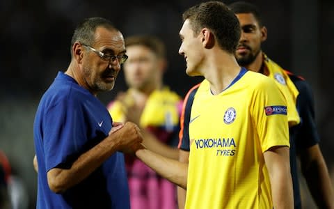 Andreas Christensen shakes hands with Maurizio Sarri - Credit: reuters