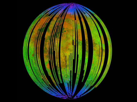 The blue areas in this composite image from the Moon Mineralogy Mapper (M3) aboard the Indian Space Research Organization's Chandrayaan-1 orbiter show water concentrated at the Moon's poles. Homing in on the spectra of rocks there, researcher found signs of hematite, a form of rust. (Credit: ISRO/NASA/JPL-Caltech/Brown University/USGS)