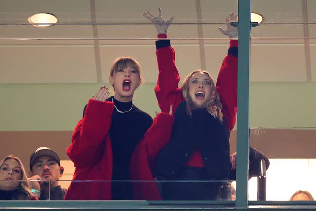 <p>Stacy Revere/Getty Images</p> Taylor Swift and Brittany Mahomes cheer on the Kansas City Chiefs during their matchup against the Green Bay Packers on Dec. 3, 2023