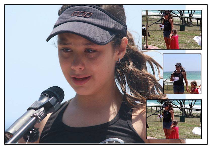 Melissa McGuinness's daughter Montana cries at her brother's memorial in January 2013 on the Gold Coast.