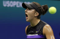 Bianca Andreescu, of Canada, reacts after scoring a point against Belinda Bencic, of Switzerland, during the semifinals of the U.S. Open tennis championships Thursday, Sept. 5, 2019, in New York. (AP Photo/Adam Hunger)