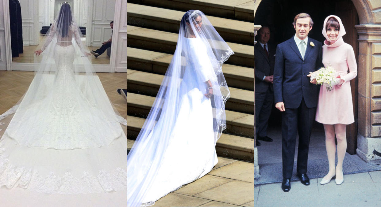 Kim Kardashian, Meghan Markle and Audrey Hepburn all in Givenchy wedding dresses. [Photos: Getty/AP/Getty]