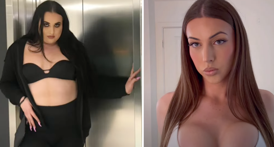 Adelaide woman Blake Butler in a before and after shot showcasing her plastic surgeries. 