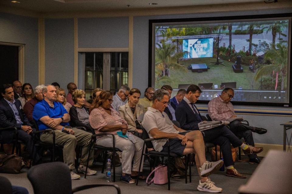 Key Biscayne residents sit at a council meeting where chief of police Francis J. Sousa spoke during a special presentation to members and residents after a Miami Herald investigation into Oscar Olea, on Tuesday, Feb. 13, 2024.