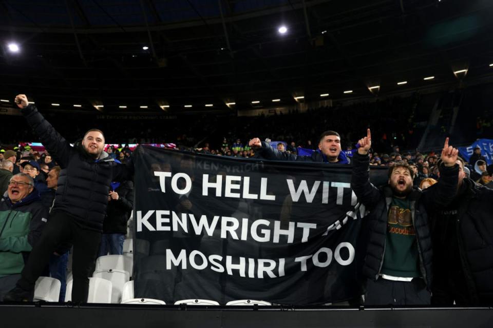 Everton fans hold a banner aimed at the club’s owners as discontent mounts (Getty)