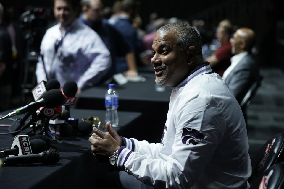 Kansas State coach Jerome Tang speaks to the media during the NCAA college Big 12 men's basketball media day Wednesday, Oct. 18, 2023, in Kansas City, Mo. (AP Photo/Charlie Riedel)