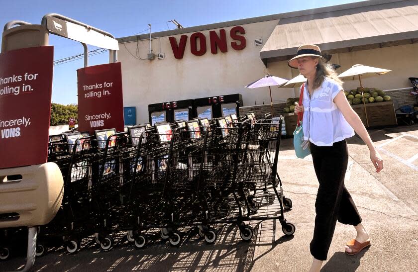 WESTCHESTER, CA - JULY 10, 2024 - A shopper exits the Vons market in Westchester which has been serving the community since 1952. Kroger and Albertsons have unveiled hundreds of stores, including The Vons in Westchester, that they plan to sell to secure federal approval for two of the nation's largest grocery chains to complete a $25 billion mega merger. Photographs were made on July 10, 2024. (Genaro Molina/Los Angeles Times) Kroger and Albertsons have unveiled hundreds of stores, including The Vons in Westchester, that they plan to sell to secure federal approval for two of the nation's largest grocery chains to complete a $25 billion mega merger. Photographs were made on July 10, 2024. (Genaro Molina/Los Angeles Times)