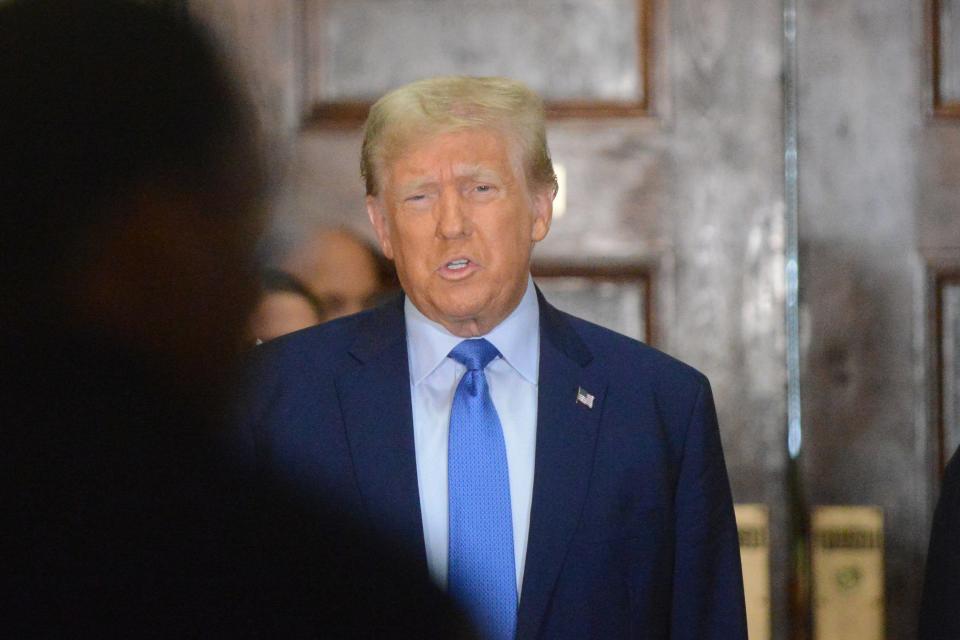 Former President Donald Trump speaks to the media as he arrives to testify for his civil business fraud trial at New York Supreme Court on Monday, Nov. 6, 2023 in New York City, NY. Mandatory