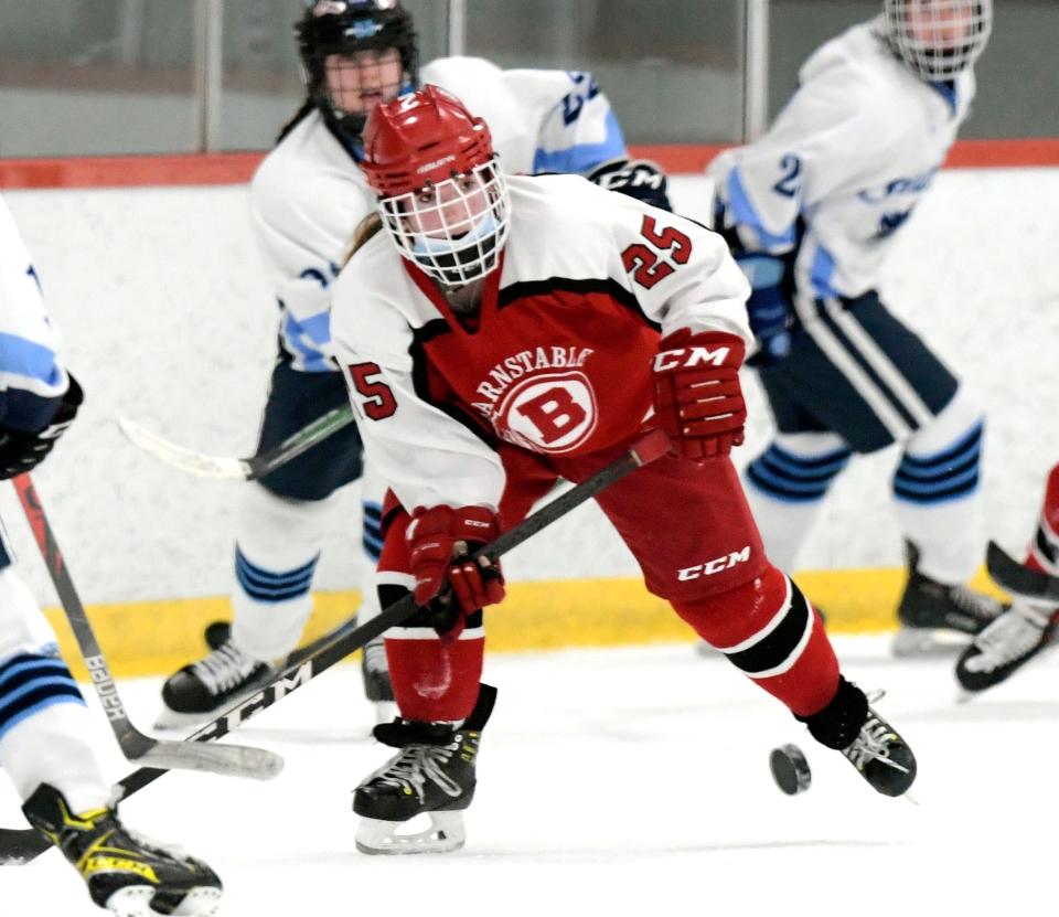 BOURNE 12/29/21  Grace Holden of Barnstable controls the puck with Khloe Schultz of Sandwich coming into the play.