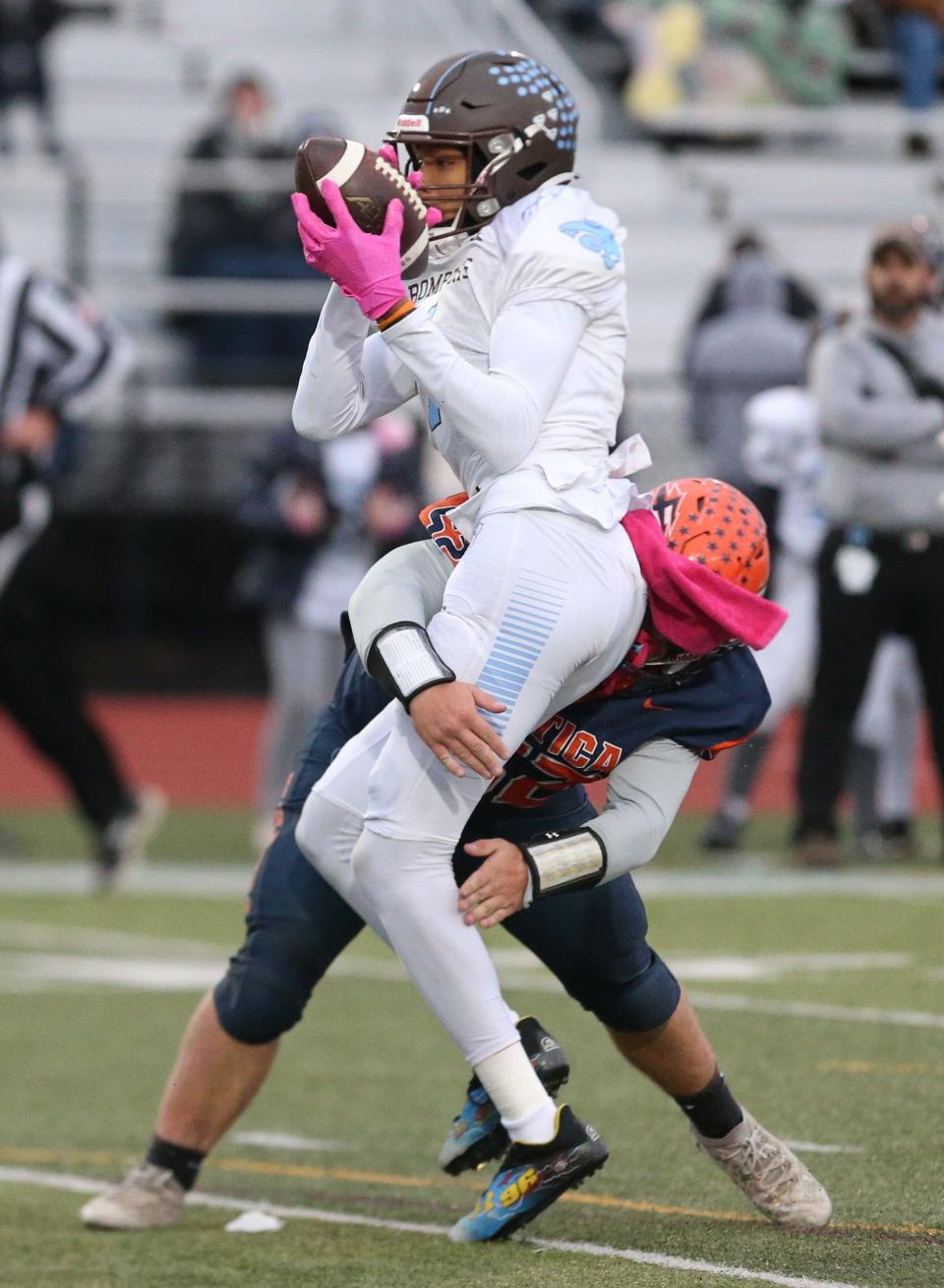 ER/Gananda wide receiver Miles Caviness (1) can't hang onto the pass as he is tackled by Attica's Case Hill (52) during their Section V football Class C championship game Saturday, Nov. 12, 2022 at SUNY Brockport.