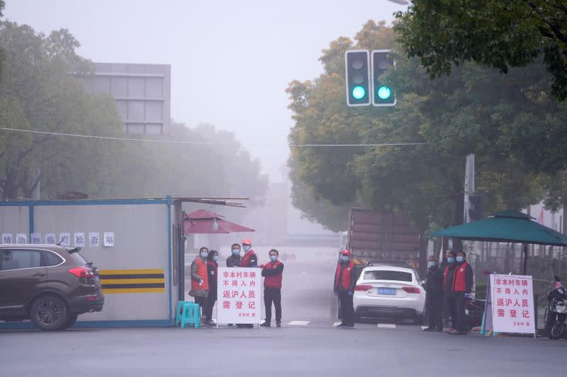 A checkpoint is seen at a residential community in Shanghai