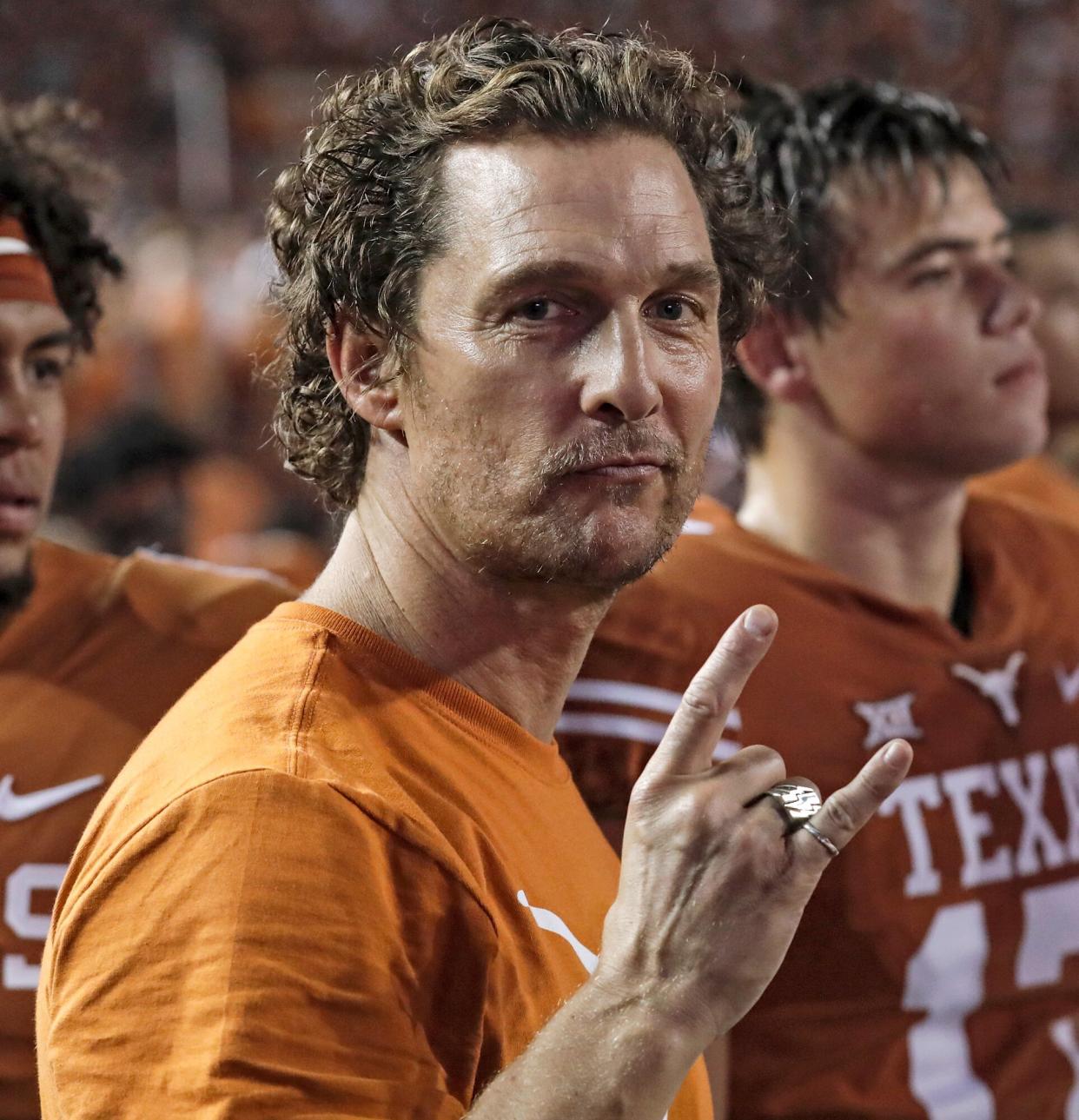 Actor and Texas fan Matthew McConaughey stands on the sideline during the game between the Texas Longhorns and the USC Trojans at Darrell K Royal-Texas Memorial Stadium on September 15, 2018 in Austin, Texas.