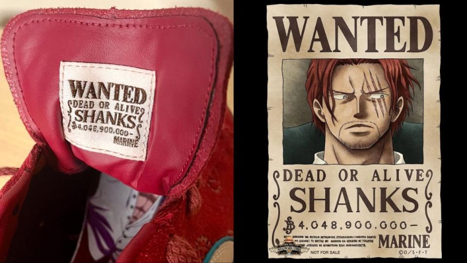 Shanks Wanted Poster on Puma sneaker tongue and from One Piece anime