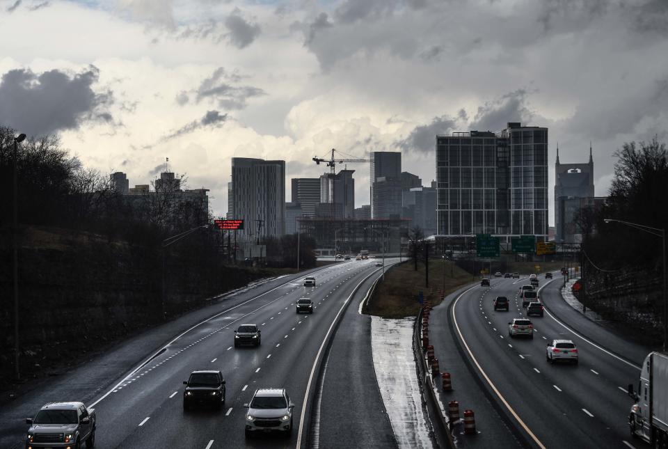 Cloud hover over downtown Nashville in between storms on Thursday.