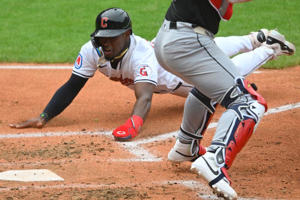 Jul 4, 2024; Cleveland, Ohio, USA; Cleveland Guardians right fielder Jhonkensy Noel (43) scores in the third inning against the Chicago White Sox at Progressive Field. Mandatory Credit: David Richard-USA TODAY Sports