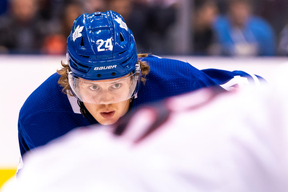 TORONTO, ON - OCTOBER 21: Toronto Maple Leafs right wing Kasperi Kapanen #24 sets for a face-off against the Columbus Blue Jackets during the second period at the Scotiabank Arena on October 21, 2019 in Toronto, Ontario, Canada. (Photo by Kevin Sousa/NHLI via Getty Images)