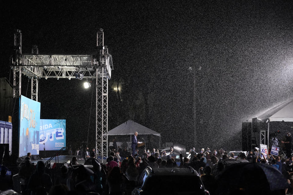 Democratic presidential candidate former Vice President Joe Biden speaks at a drive-in rally at the Florida State Fairgrounds, Thursday, Oct. 29, 2020, in Tampa, Fla. (AP Photo/Andrew Harnik)