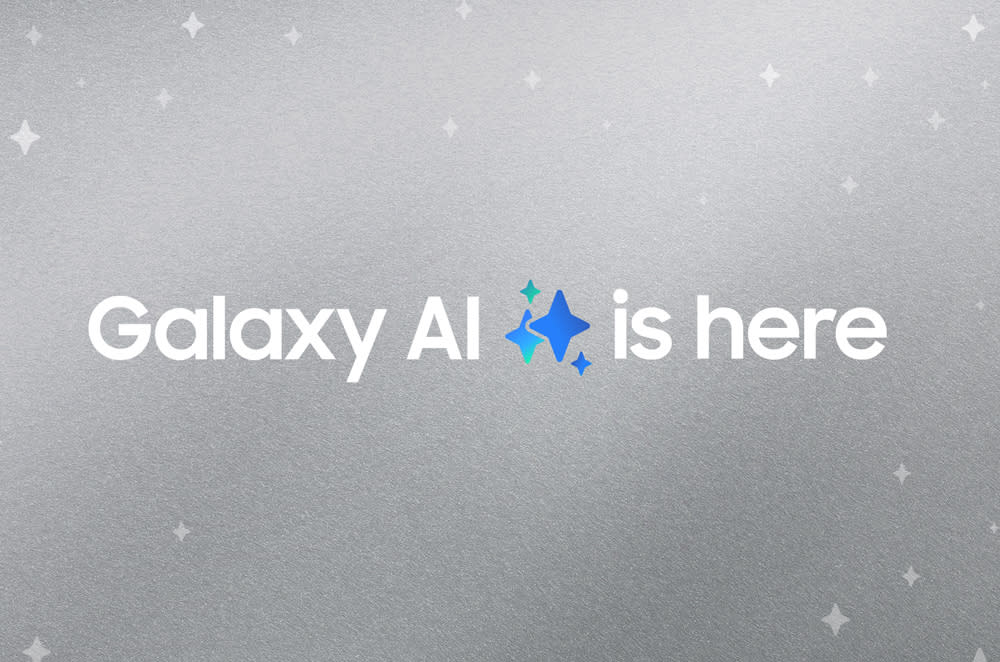  "Galaxy AI is here" in white font on a grey background. 