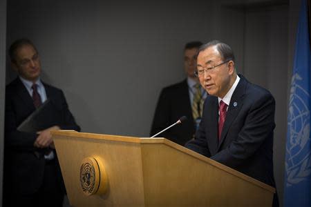U.N. Secretary General Ban Ki-moon speaks during a news conference at the United Nations headquarters in New York, about an international peace conference aimed at ending Syria's civil war, November 25, 2013. REUTERS/Lucas Jackson