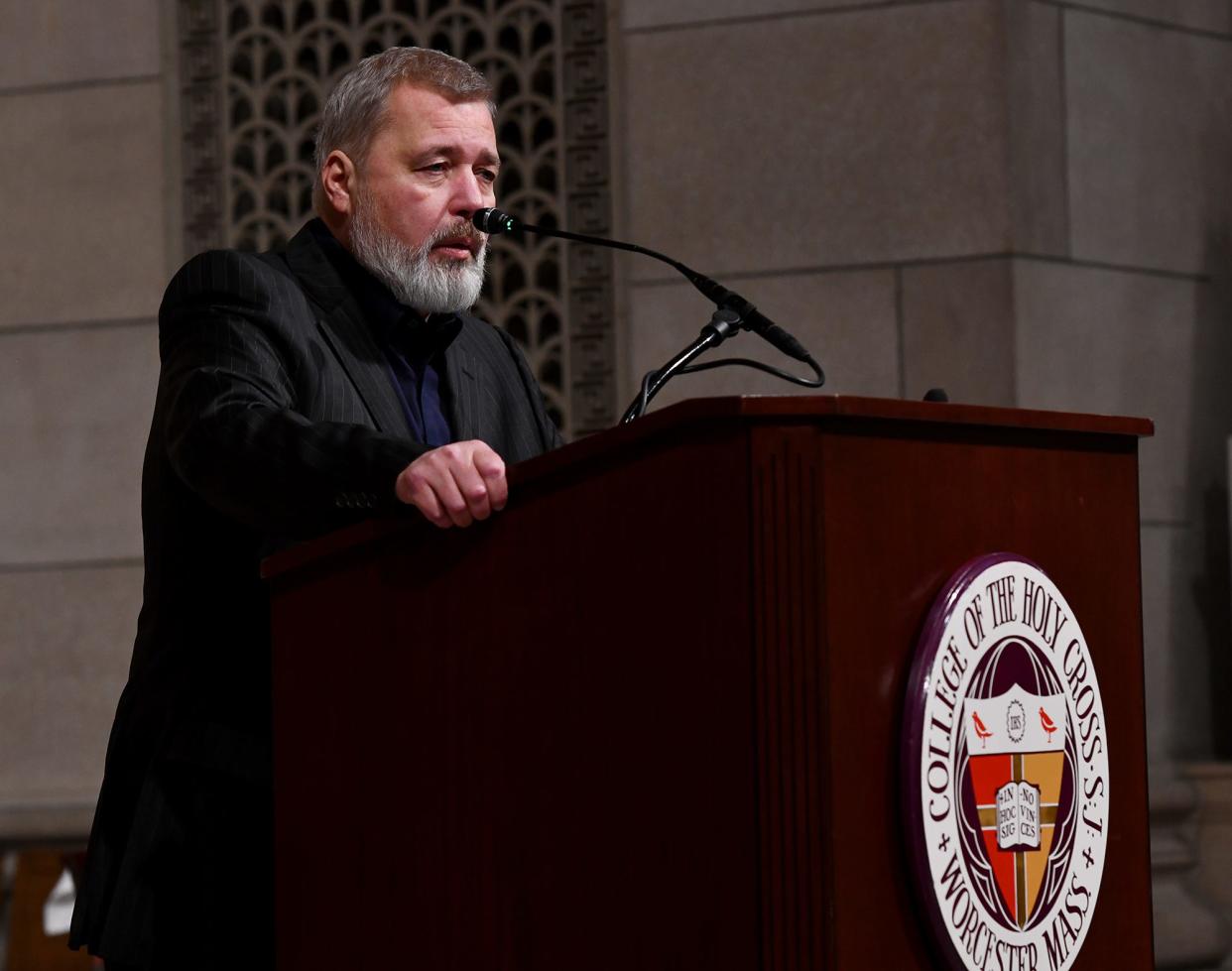 Dmitry Muratov, a founder and editor-in-chief of the newspaper Novaya Gazeta and winner of the 2021 Nobel Peace Prize (along with Filipino journalist Maria Ressa), speaks Thursday at the College of the Holy Cross.