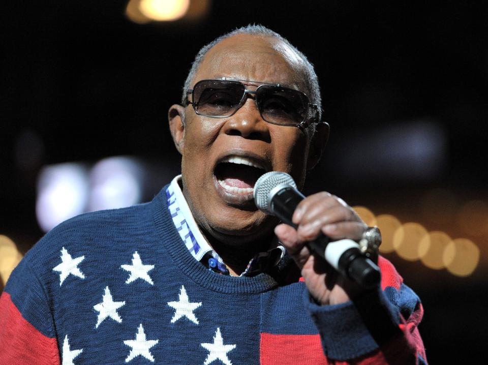 Rock and Roll Hall of fame inductee Sam Moore, half of the soul duo Sam & Dave, performs during halftime at an NBA basketball game as part of the Memphis Grizzlies 13th annual MLK Jr. Celebration Day Monday, Jan. 19, 2015, in Memphis, Tenn.