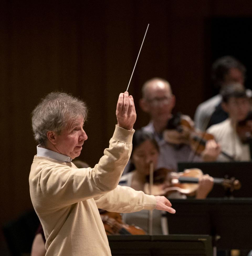 Thierry Fischer, the music director of the Utah Symphony, conducts during rehearsal at Abravanel Hall in Salt Lake City on Thursday, May 25, 2023. Fischer concludes his 14 years with the symphony this weekend. | Laura Seitz, Deseret News