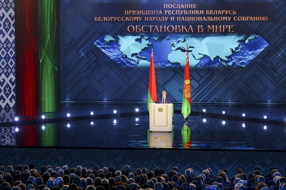 Belarus President Alexander Lukashenko delivers his speech during a state-of-the-nation address in Minsk, Belarus, Friday, Jan. 28, 2022. (Pavel Orlovsky/BelTA Pool Photo via AP)