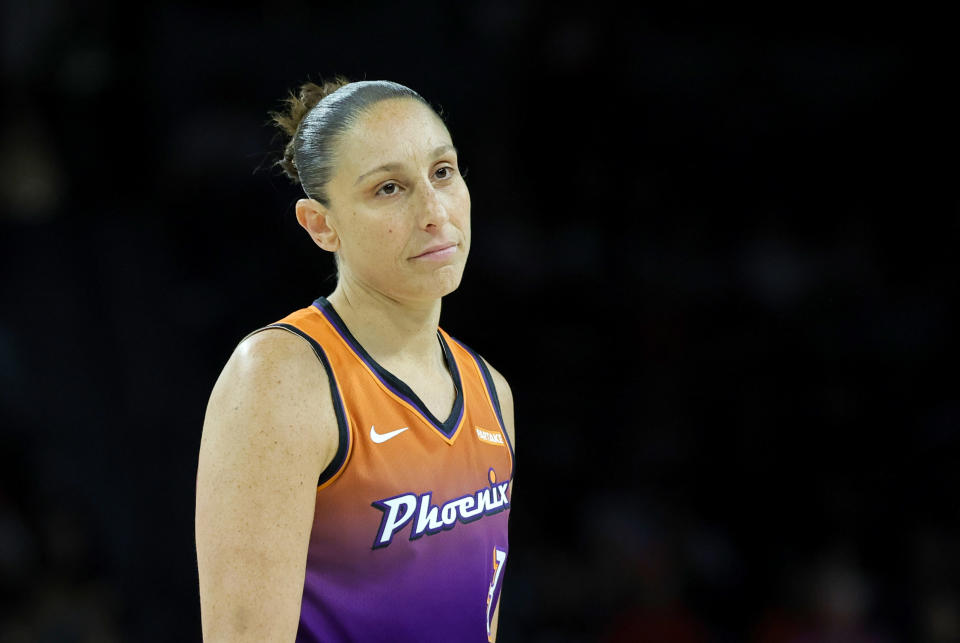 LAS VEGAS, NEVADA - MAY 14: Diana Taurasi #3 of the Phoenix Mercury jokes around with Chelsea Gray #12 of the Las Vegas Aces on her bench in the fourth quarter of their game at Michelob ULTRA Arena on May 14, 2024 in Las Vegas, Nevada. The Aces defeated the Mercury 89-80. NOTE TO USER: User expressly acknowledges and agrees that, by downloading and or using this photograph, User is consenting to the terms and conditions of the Getty Images License Agreement. (Photo by Ethan Miller/Getty Images)