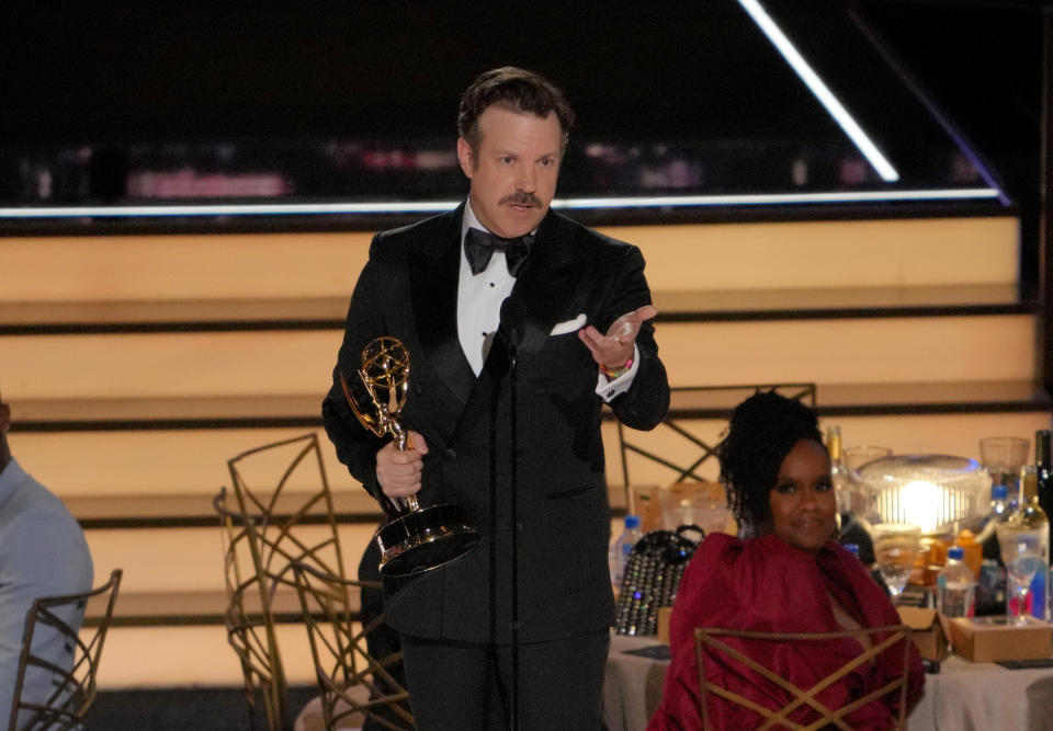 Jason Sudeikis accepts the Outstanding Lead Actor in a Comedy Series award for ‘Ted Lasso’ onstage during the 74th Primetime Emmys (Photo by Kevin Mazur/WireImage)