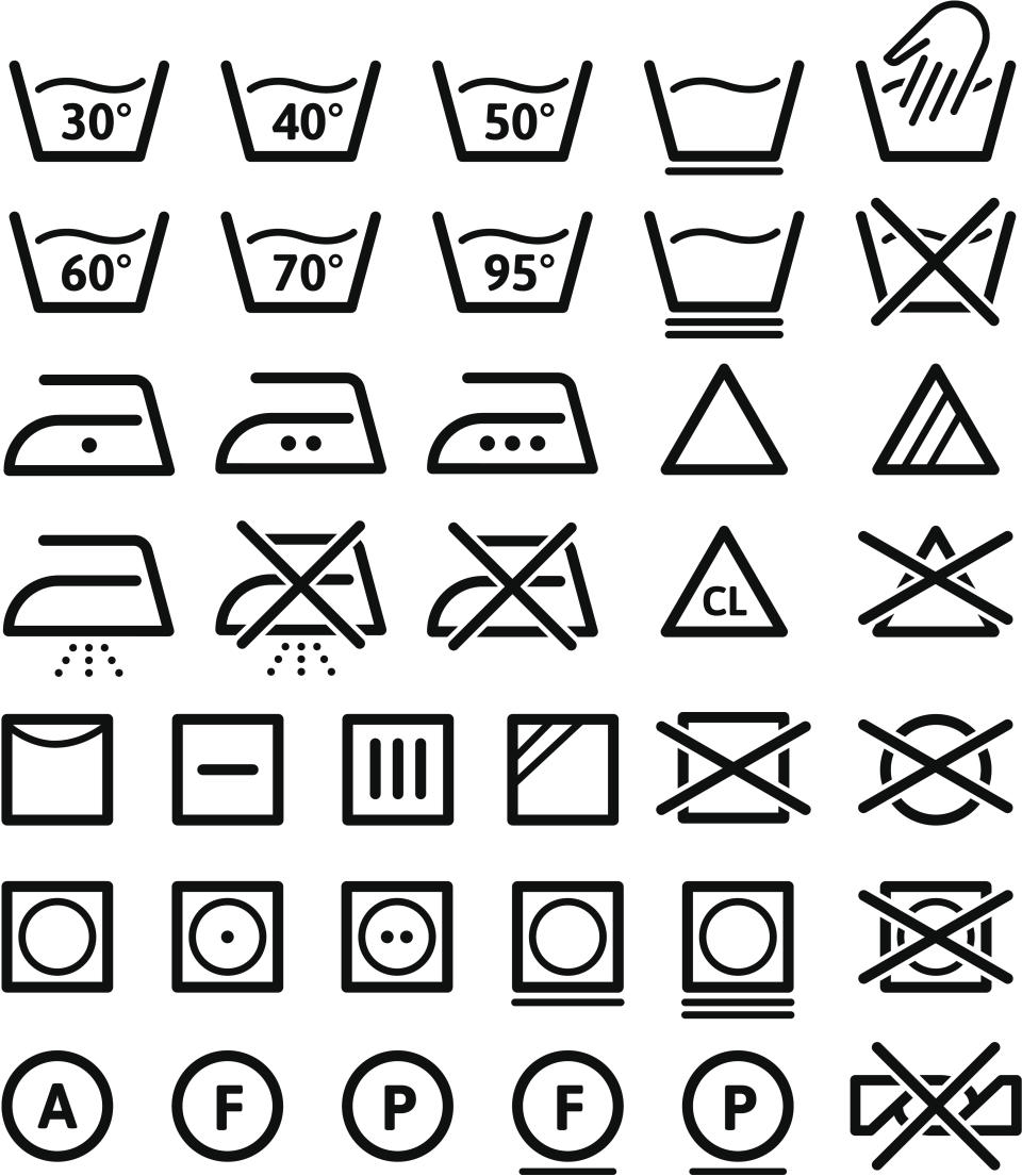 Large selection of icons for clothes washing and fabric care instructions.