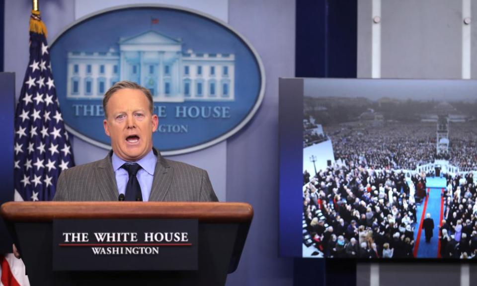 The then press secretary, Sean Spicer, lectures the media about the size of Donald Trump’s inauguration crowd.